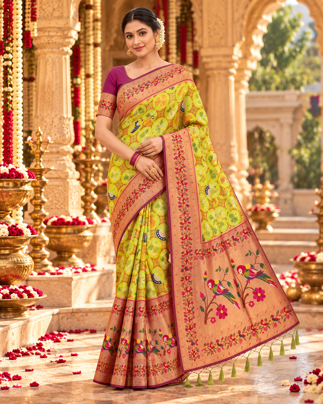 Pure Patola Paithani Silk Golden Zari Border Saree With Unstitched Blouse(Yellow)