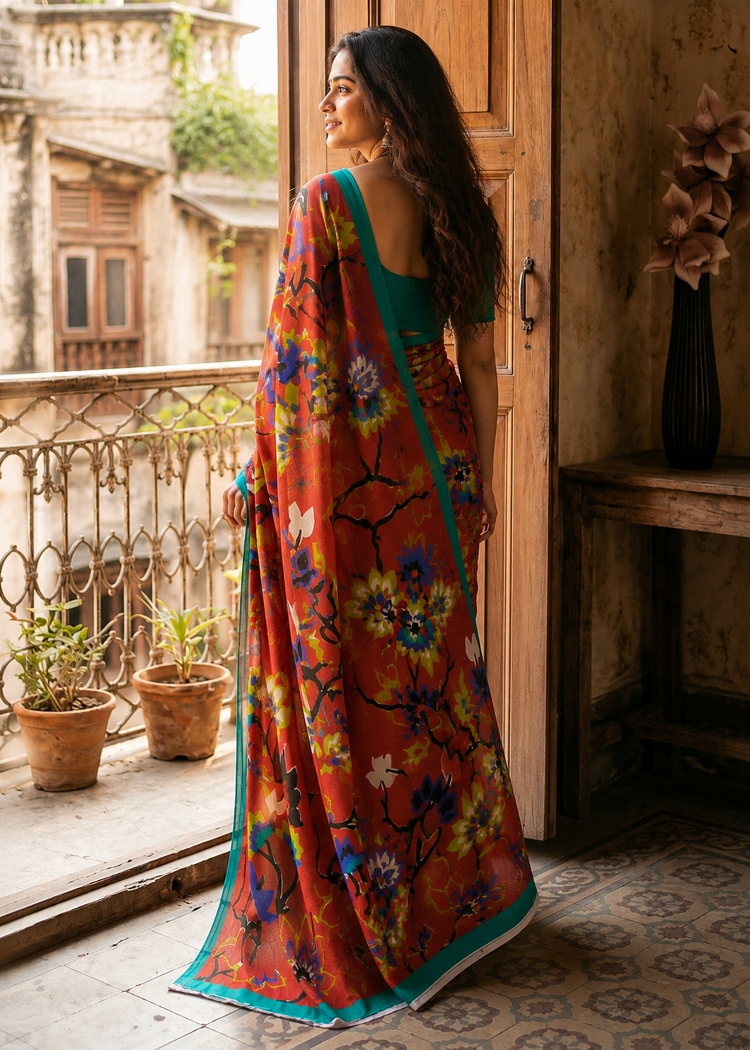 Mulmul Cotton Floral Printed Saree With Unstitched Blouse(Orange)