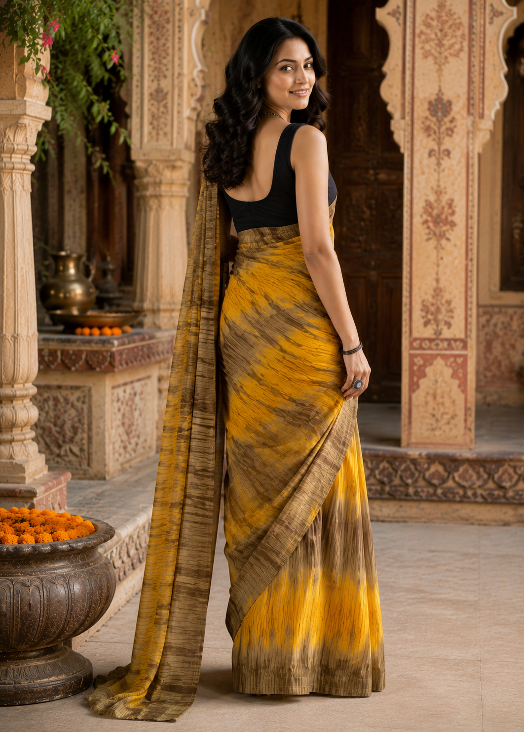 Soft Georgette Ready To Wear Saree With Unstitched Blouse(Yellow)