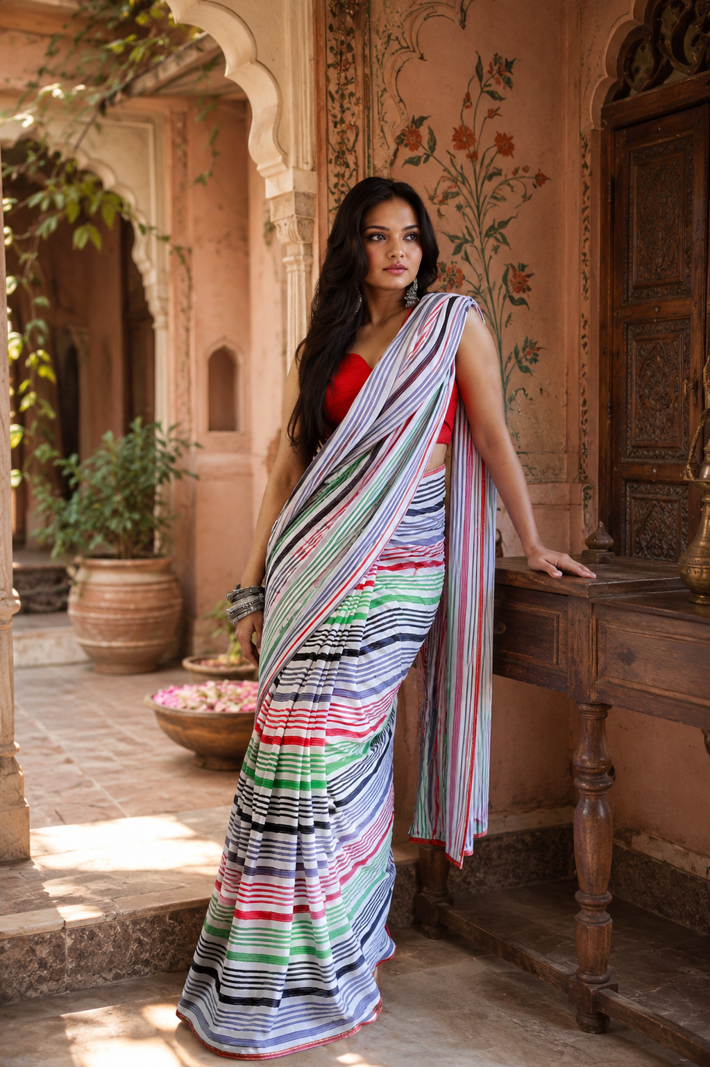 Georgette Printed Ready To Wear Sarees With Unstitched Blouse(Mulled Wine)