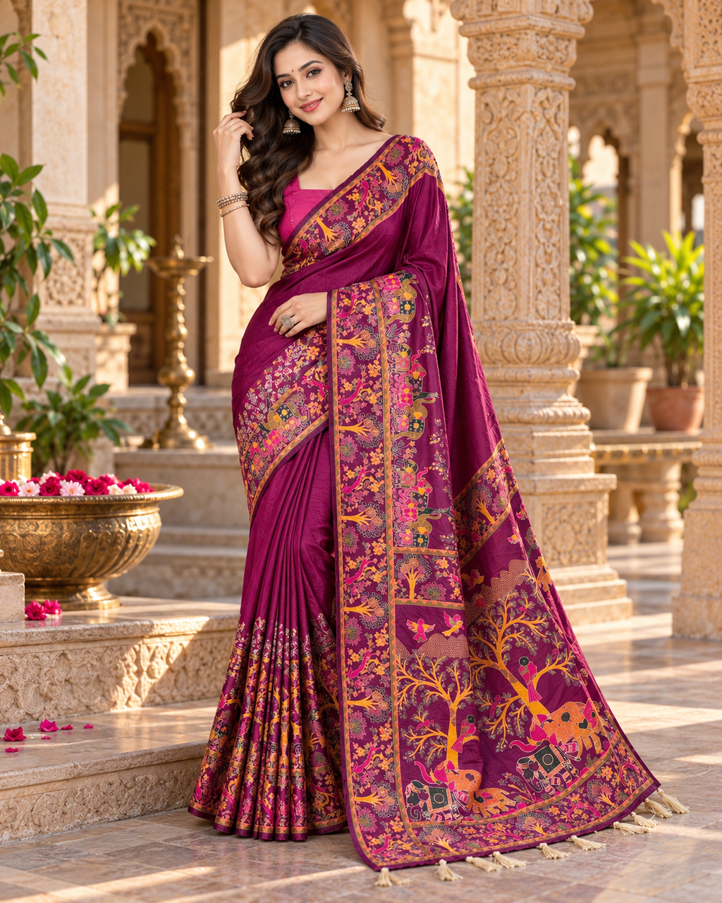 Premium Pashmina Kashmiri Meenakari Weaves Tassels Saree(Wine)