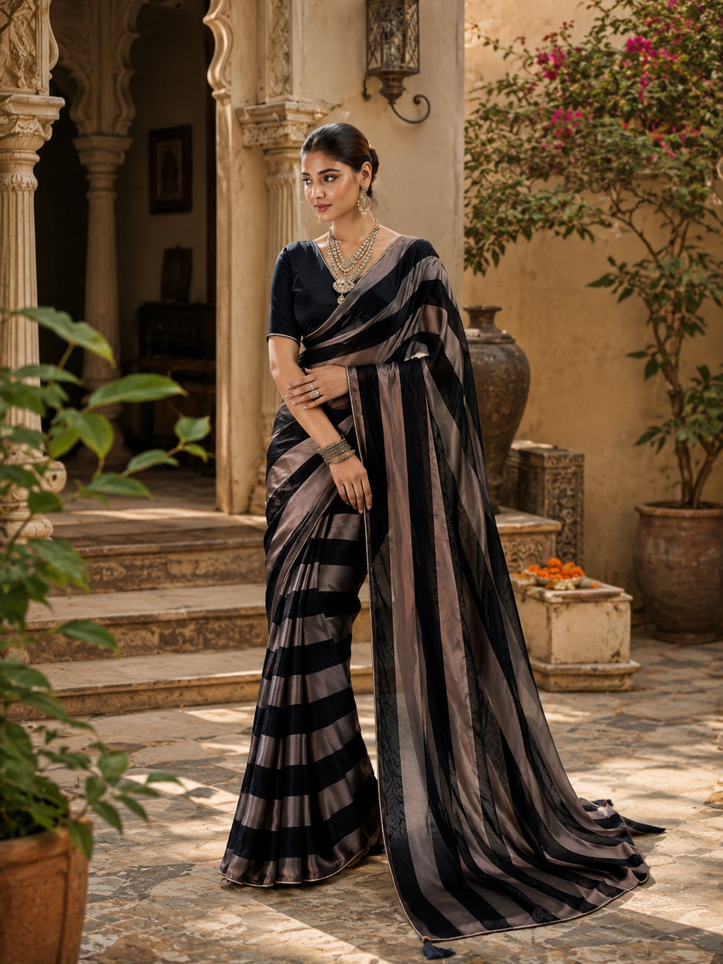Satin Silk Saree With Unstitched Blouse(Black)