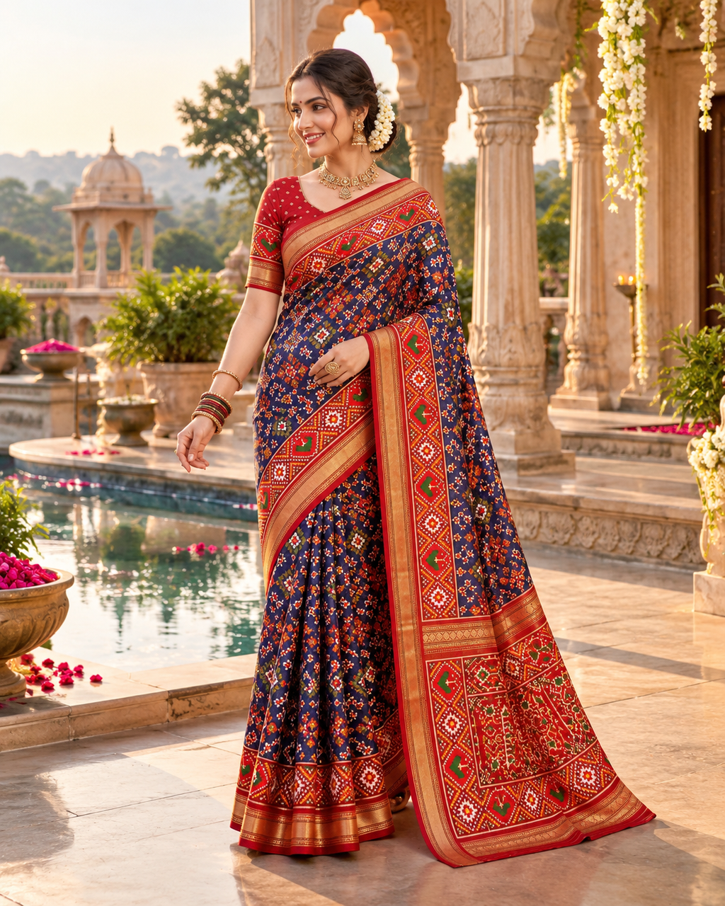 Premium Ashika Handloom Silk Patola Lagadi Patta Zari border Tassels Saree (Blue)
