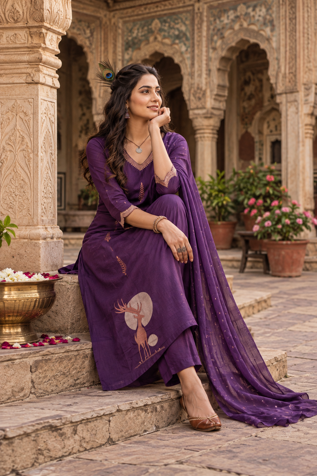 Pure Cotton Kurti Pant Set With Dupatta(Violet)