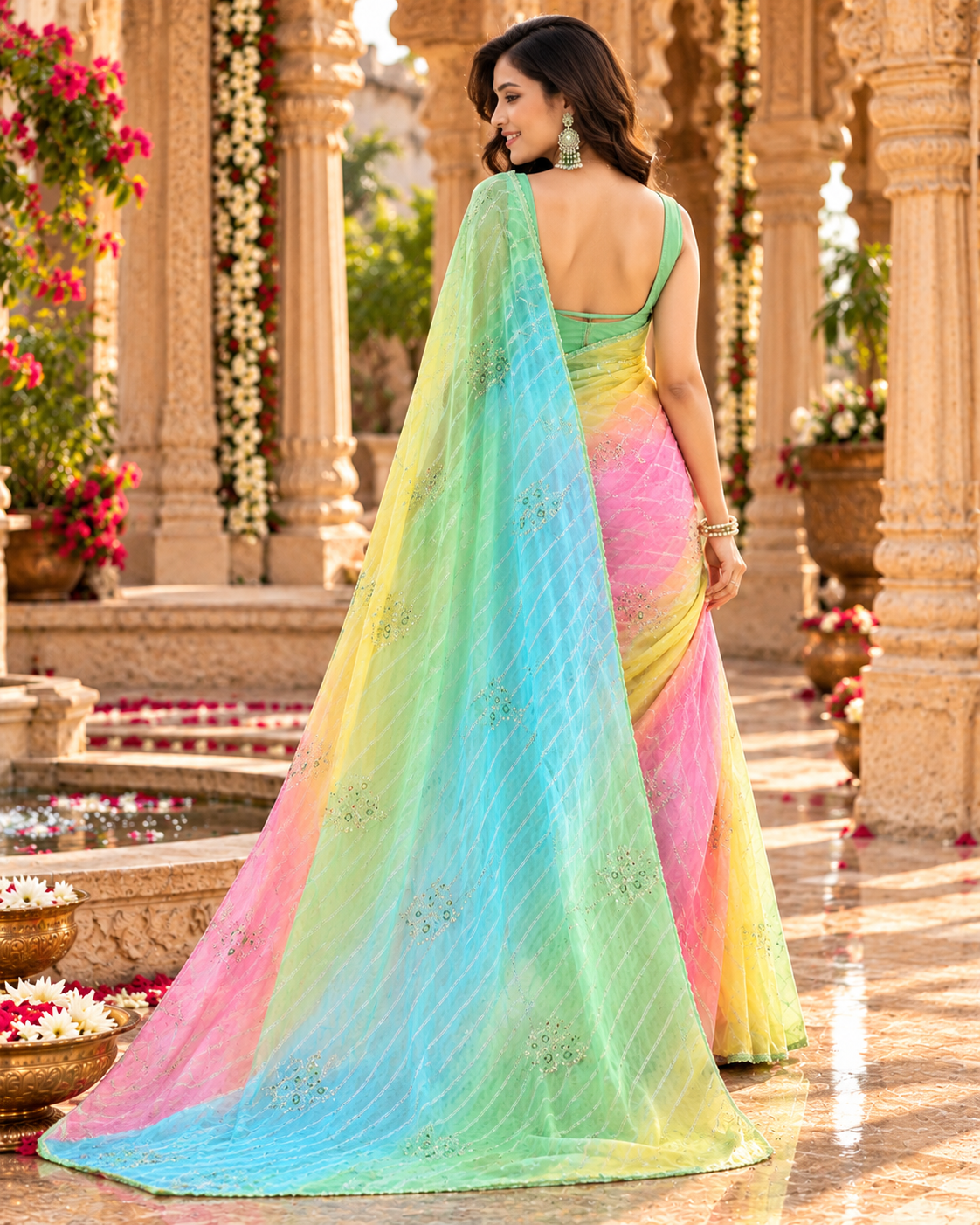 Georgette Lehriya Design Saree With Unstitched Saree(Multicolor)