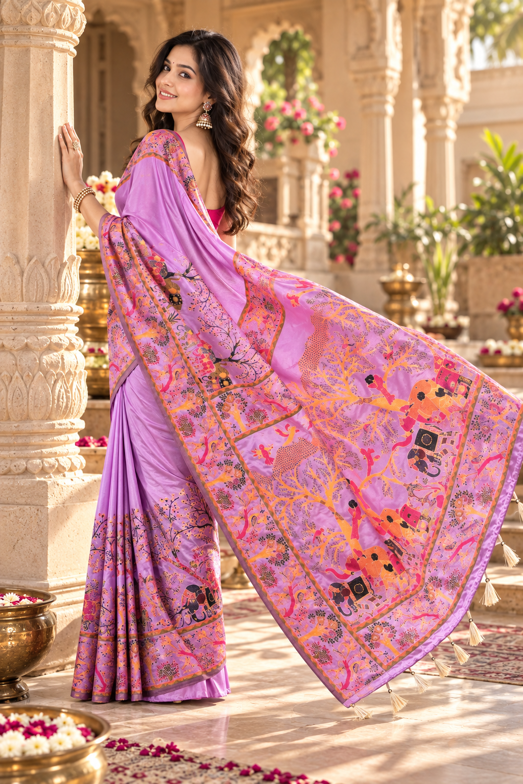 Premium Pashmina Kashmiri  Meenakari Weaves Tassels Saree ( Lavender )