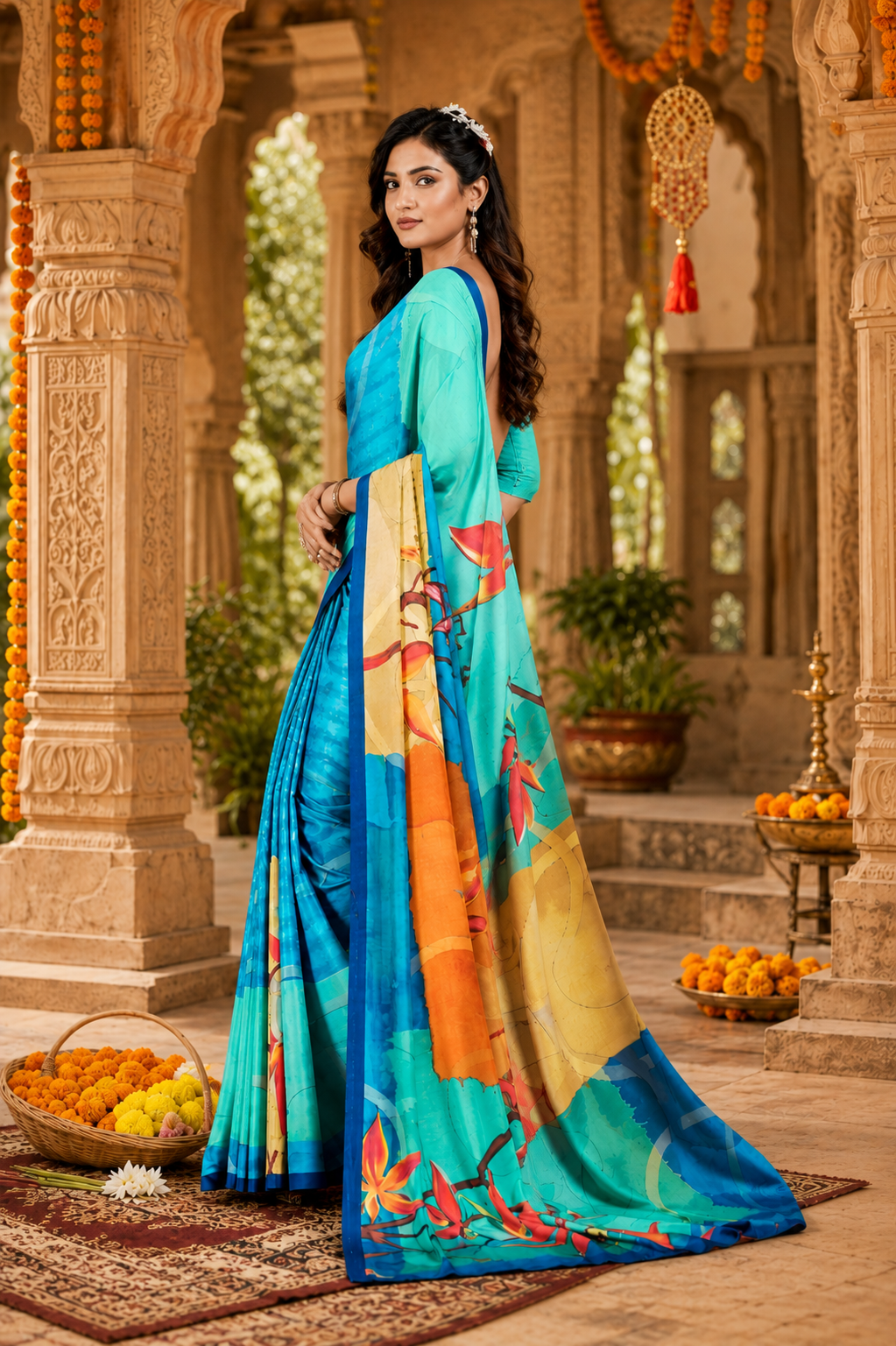 Soft Crepe Silk Digital Print Saree With Unstitched Blouse(Blue)