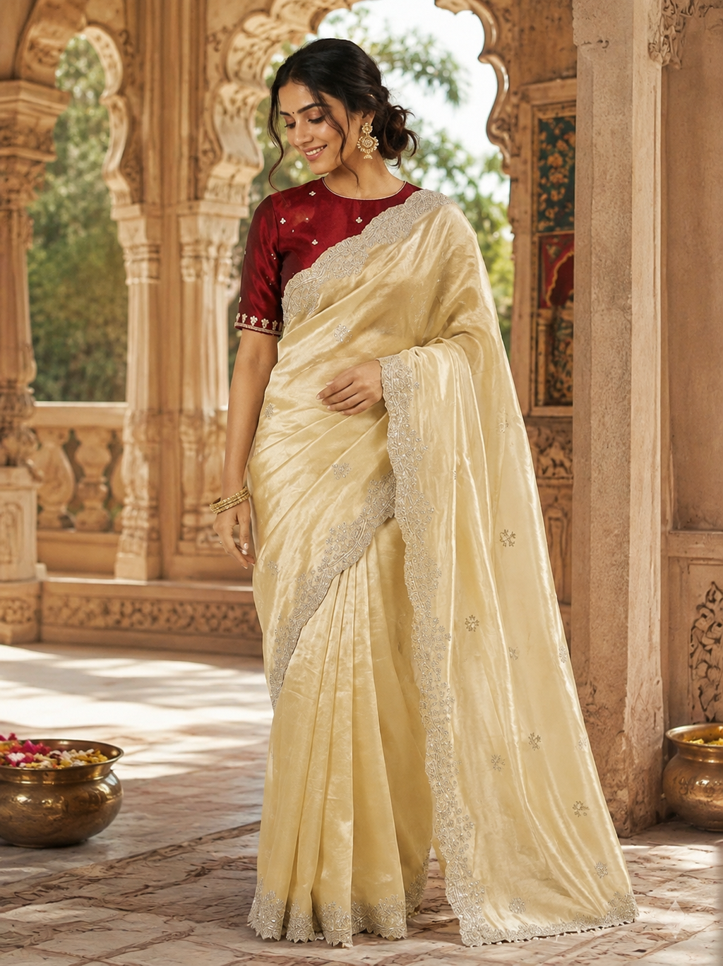 Space Silk Sequins Work Saree With Unstitched Blouse(Cream)