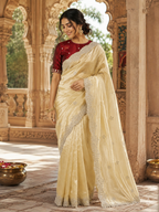 Space Silk Sequins Work Saree With Unstitched Blouse(Cream)