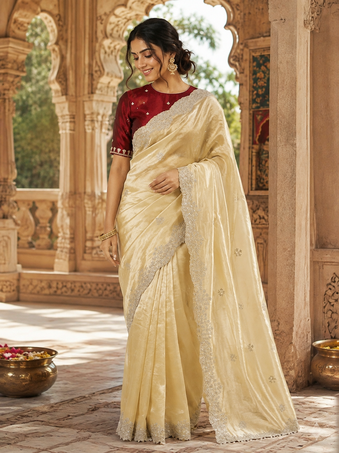 Space Silk Sequins Work Saree With Unstitched Blouse(Cream)