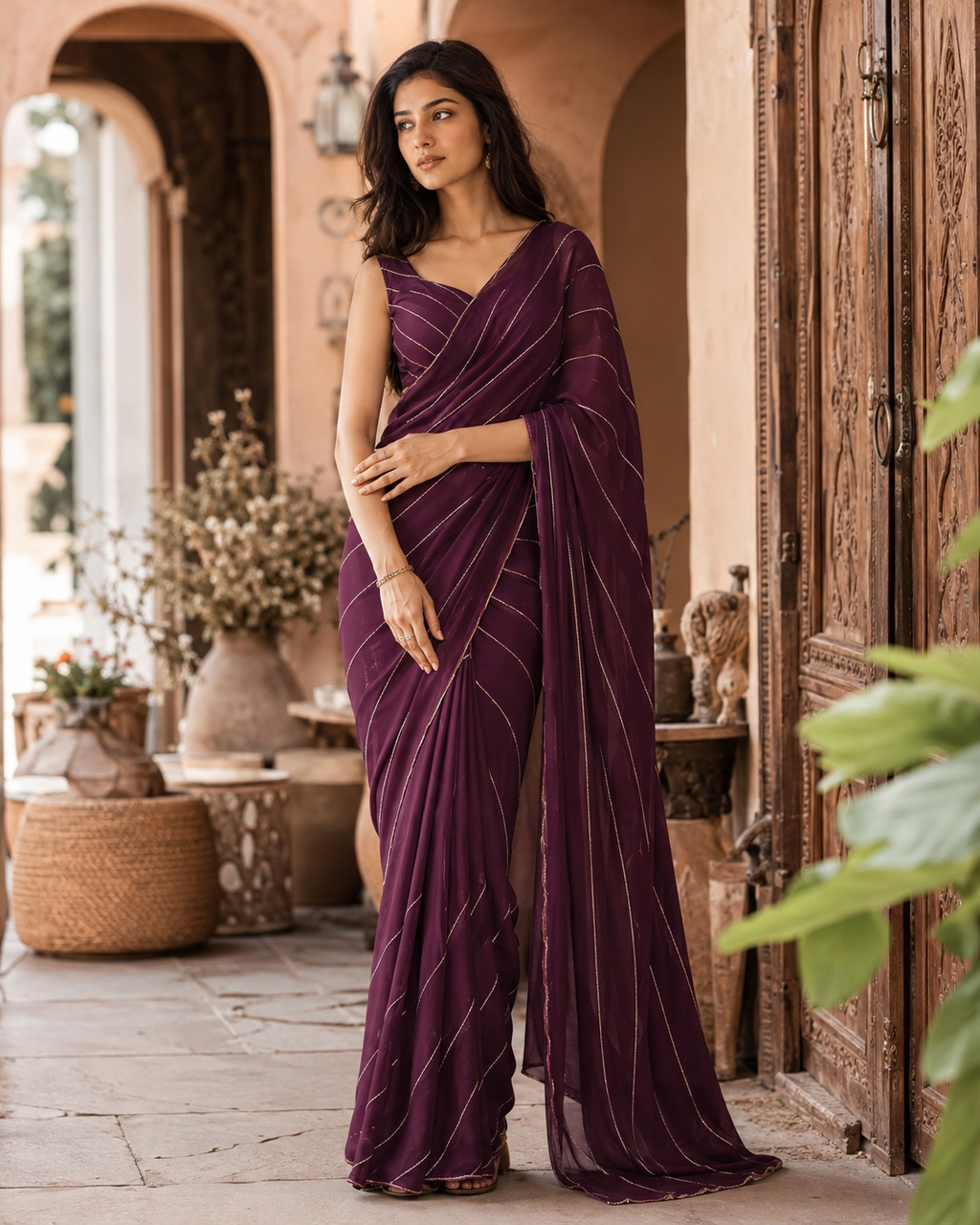 Pure Georgette Handwork Saree With Unstitched Blouse(Wine)