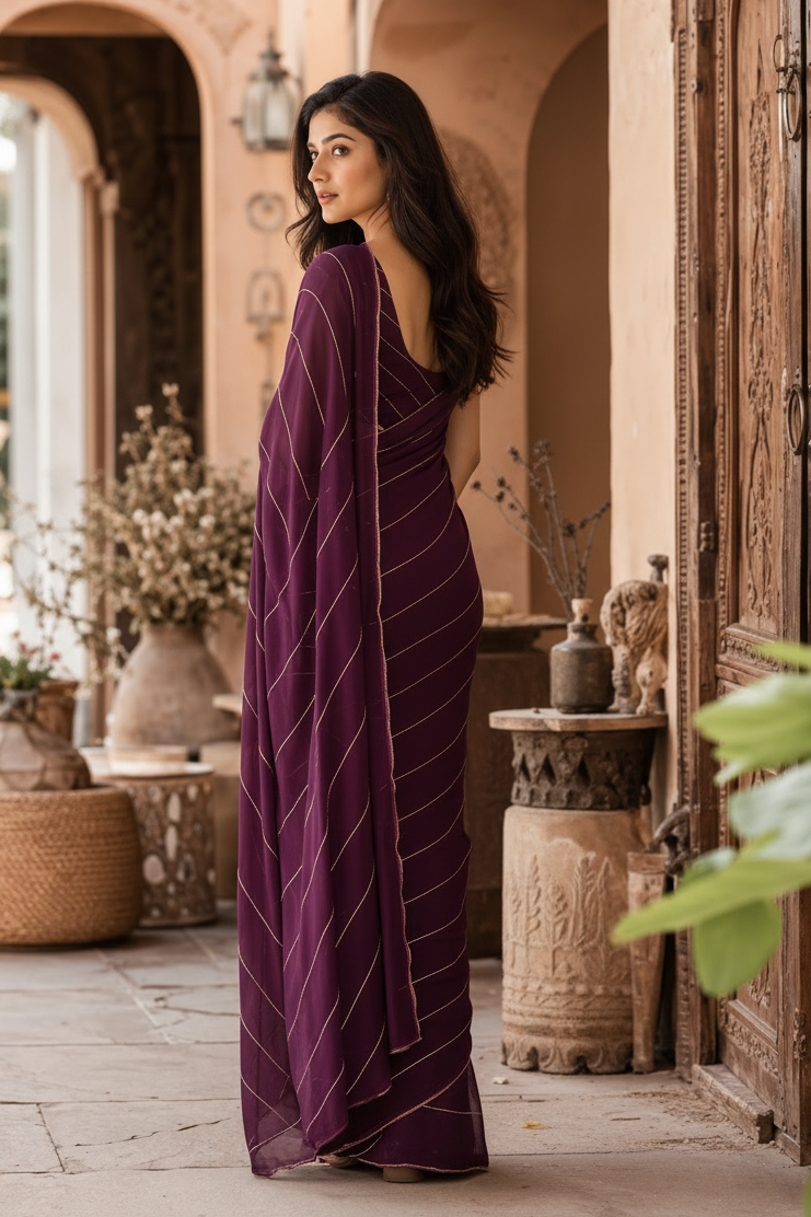 Pure Georgette Handwork Saree With Unstitched Blouse(Wine)