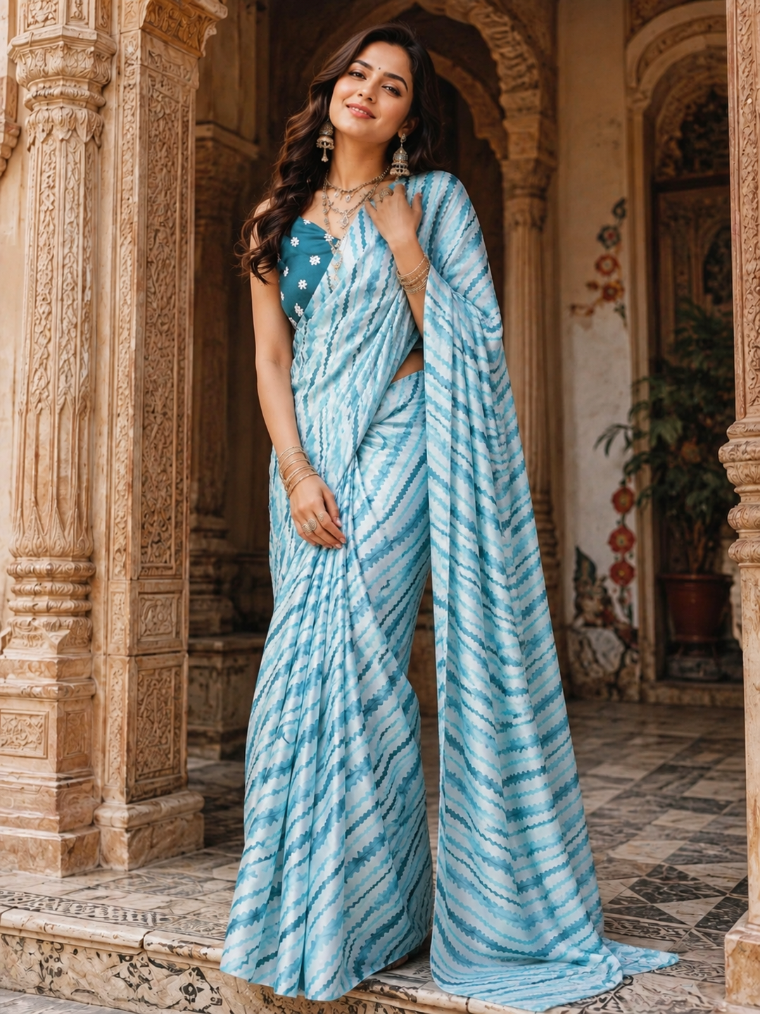 Modern Satin Silk Printed Saree With Unstitched Blouse(Blue)