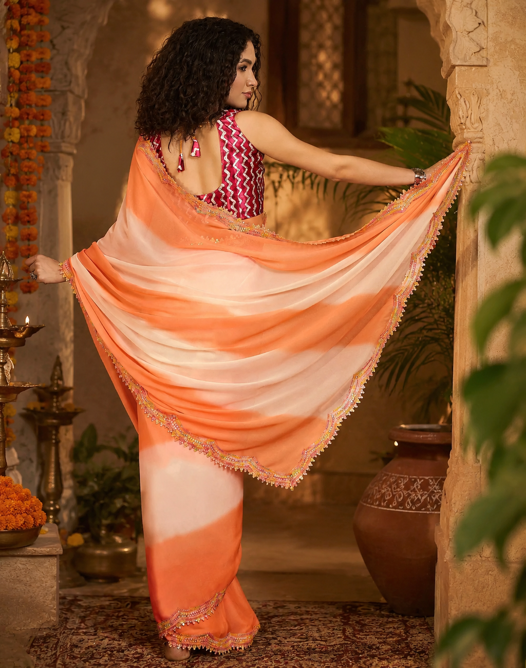 Georgette Embroidery Lace Work Saree With Unstitched Blouse(Orange)