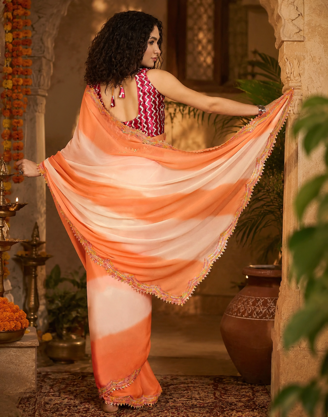 Georgette Embroidery Lace Work Saree With Unstitched Blouse(Orange)