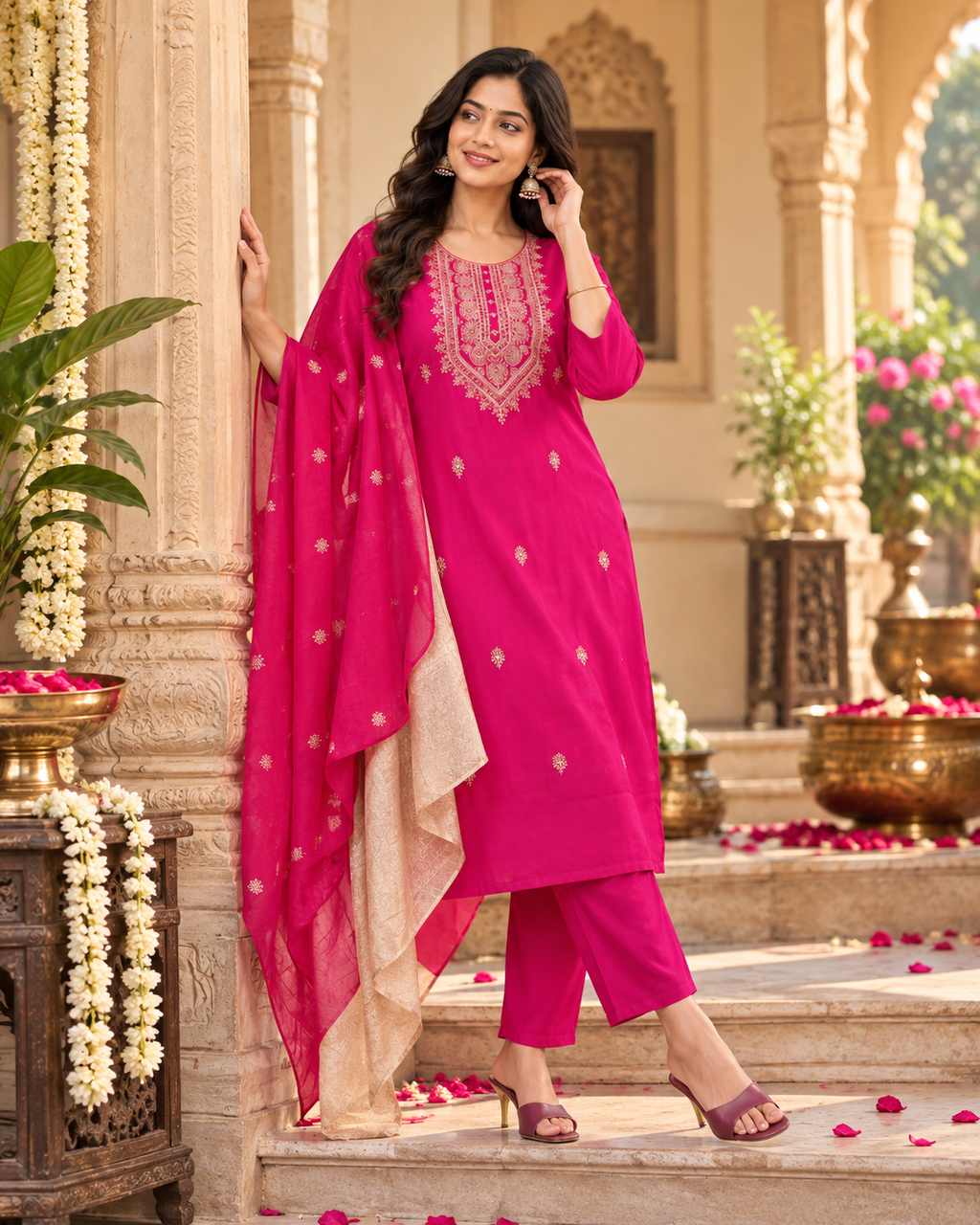 Roman Silk Kurti Pant With Dupatta Set(Pink)