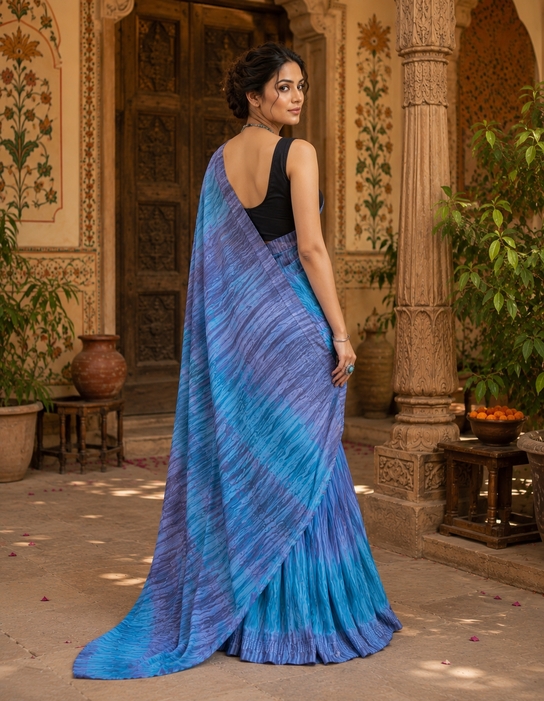 Soft Georgette Ready To Wear Saree With Unstitched Blouse(Blue)
