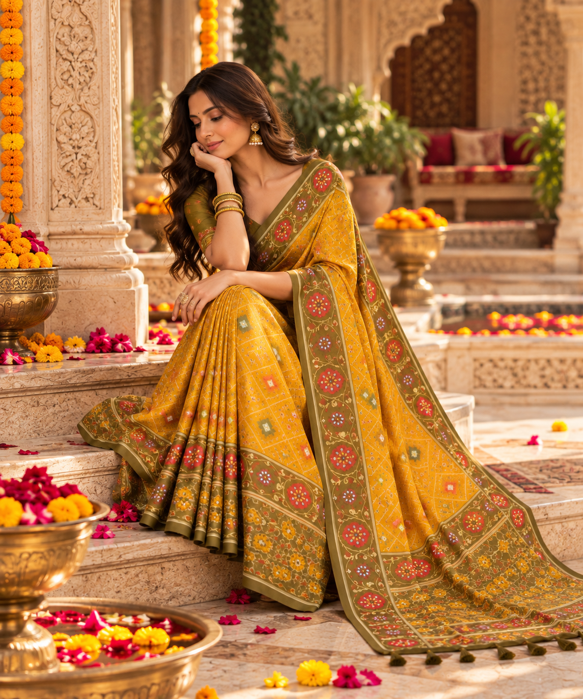 Patola Silk Rich Zari Work Saree With Unstitched Blouse(Yellow)