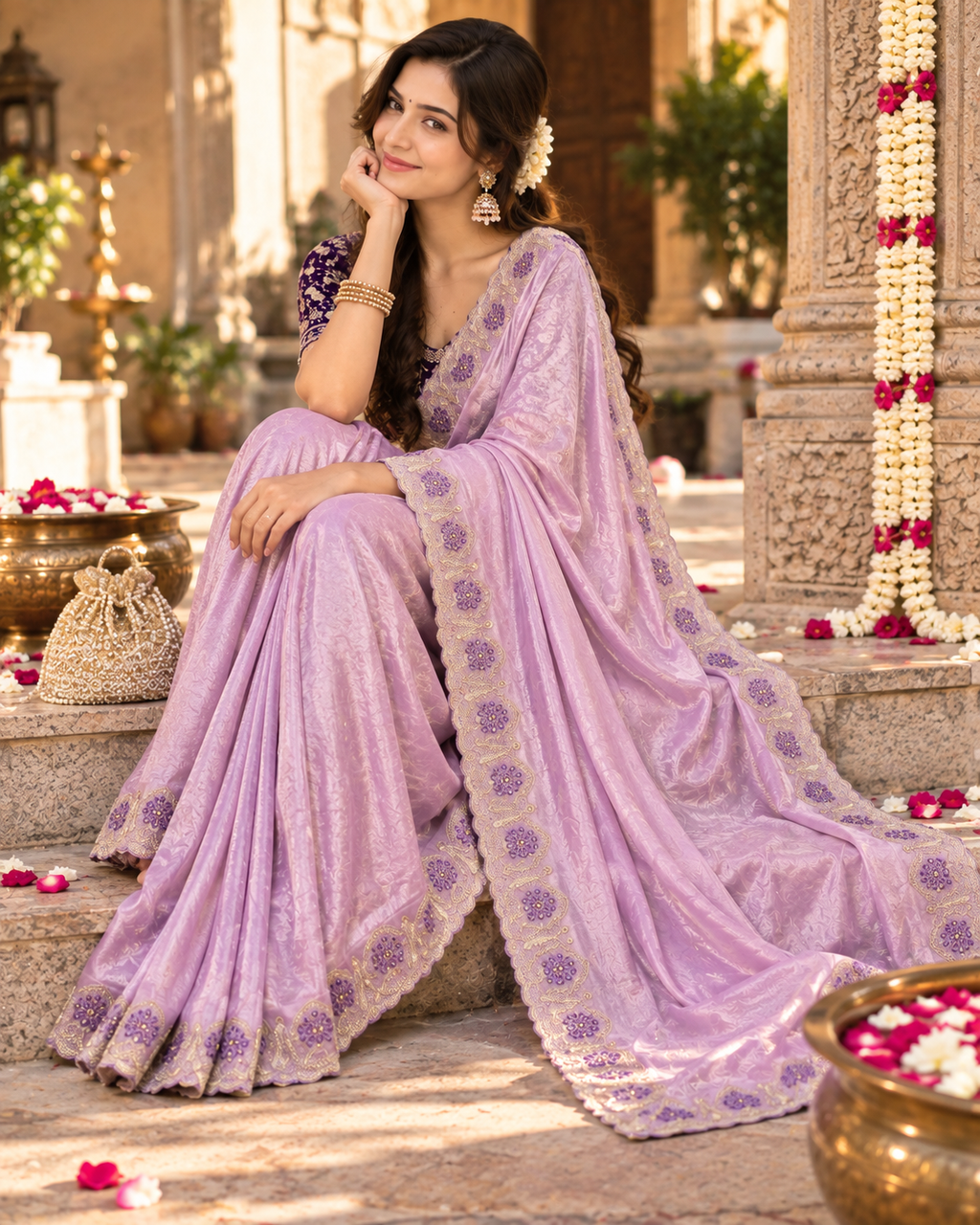 Satin Silk Zari Embroidery Sequin Work Saree With Unstitched Blouse(Lavender)