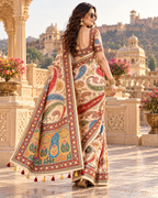 Premium Satin Silk Digital Print Saree With Unstitched Blouse(Cream)