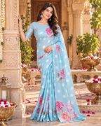 Satin Silk Floral Printed Saree With Unstitched Blouse(Light Blue)