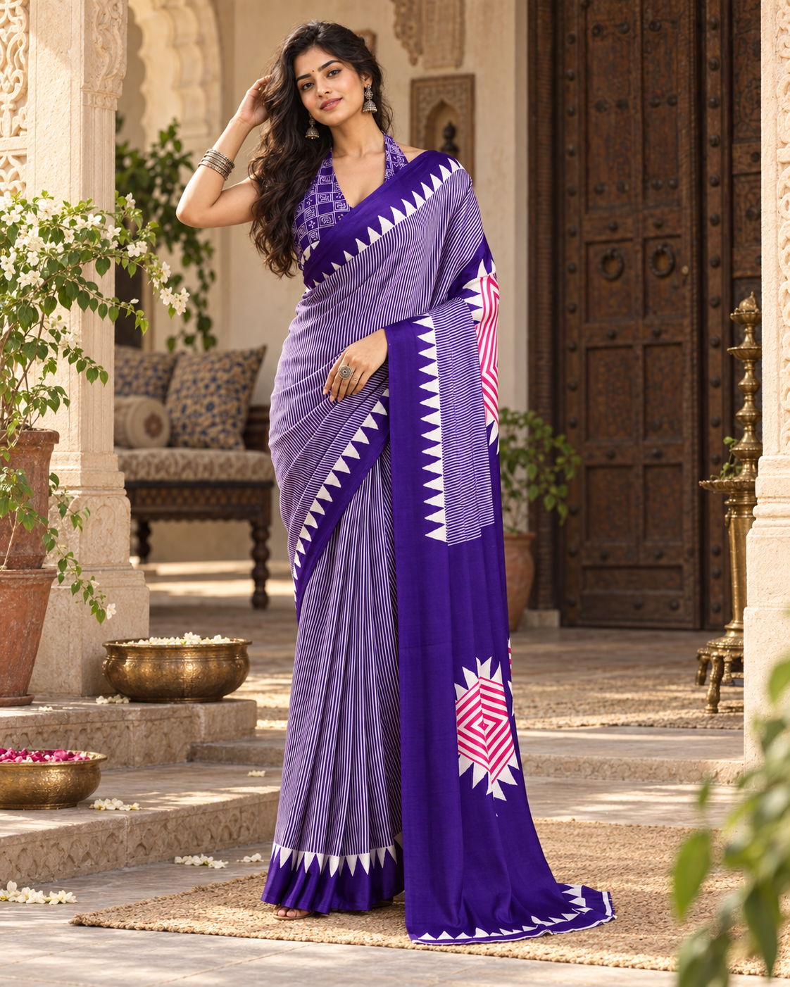 Satin Silk Ajrakh Printed Saree With Unstitched Blouse(Purple)