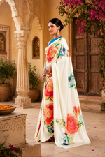 Load image into Gallery viewer, Satin Silk Floral Printed Saree with Unstitched Blouse(White)

