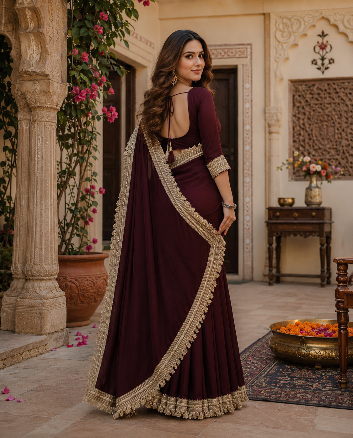 Georgette Lace Border Saree With Unstitched Blouse(Maroon)