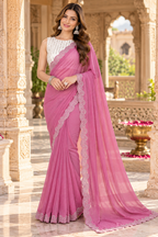 Georgette Sequin Work Saree With White Unstitched Blouse(Pink)