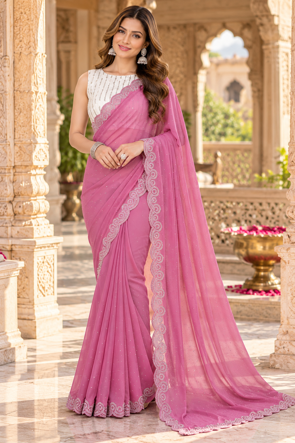 Georgette Sequin Work Saree With White Unstitched Blouse(Pink)