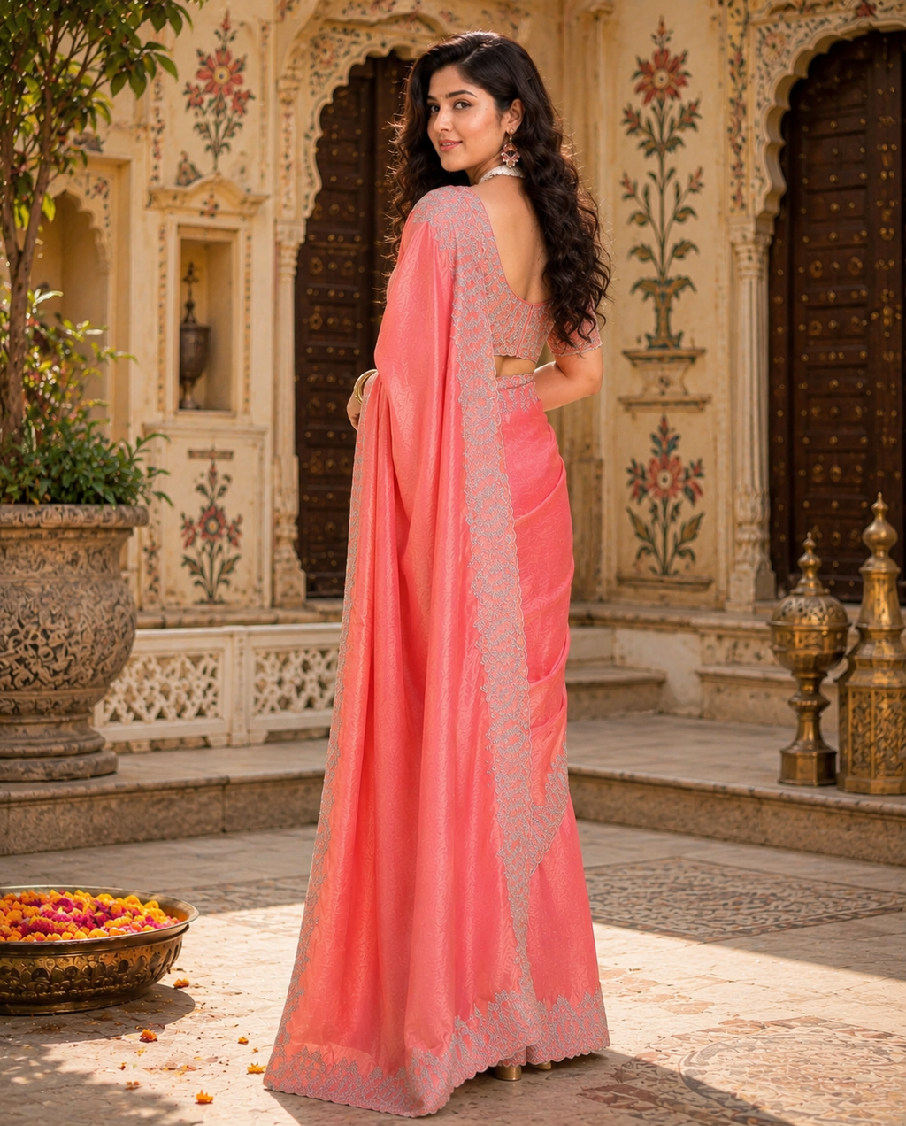Satin Embroidery Work Saree With Unstitched Blouse(Pink)