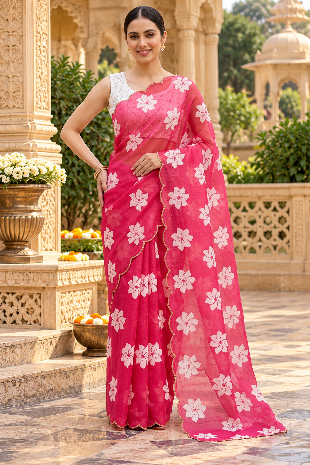 Chinon Silk Floral Print Saree With Unstitched Blouse(Rani)
