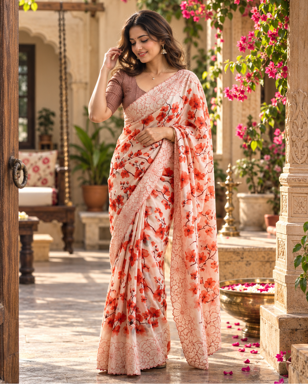 Pure Tussar Silk Floral Print Cutwork Saree With Unstitched Blouse(Beige)