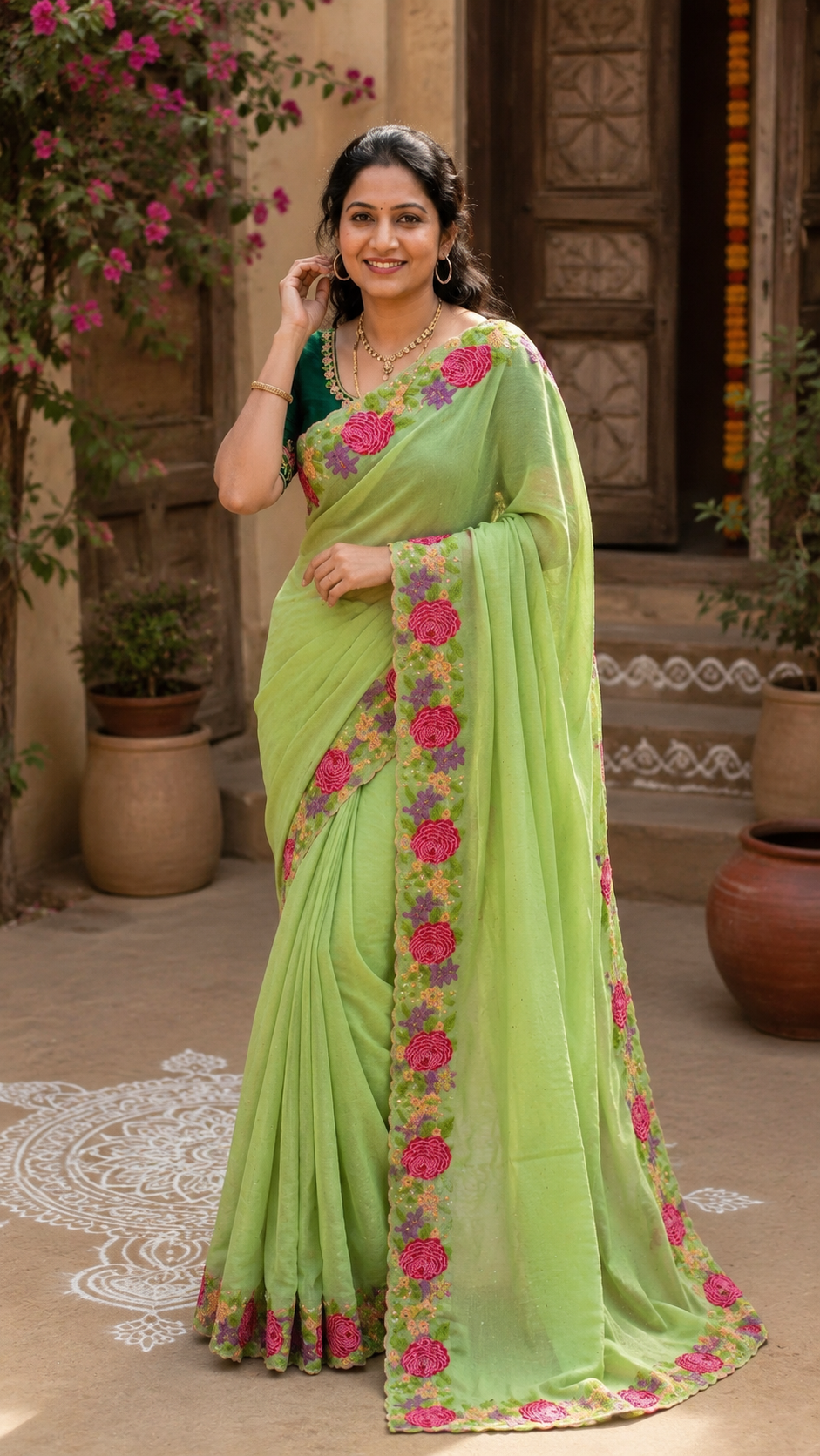 Star Georgette Heavy Work Saree With Unstitched Blouse(Green)