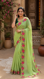 Load image into Gallery viewer, Star Georgette Heavy Work Saree With Unstitched Blouse(Green)
