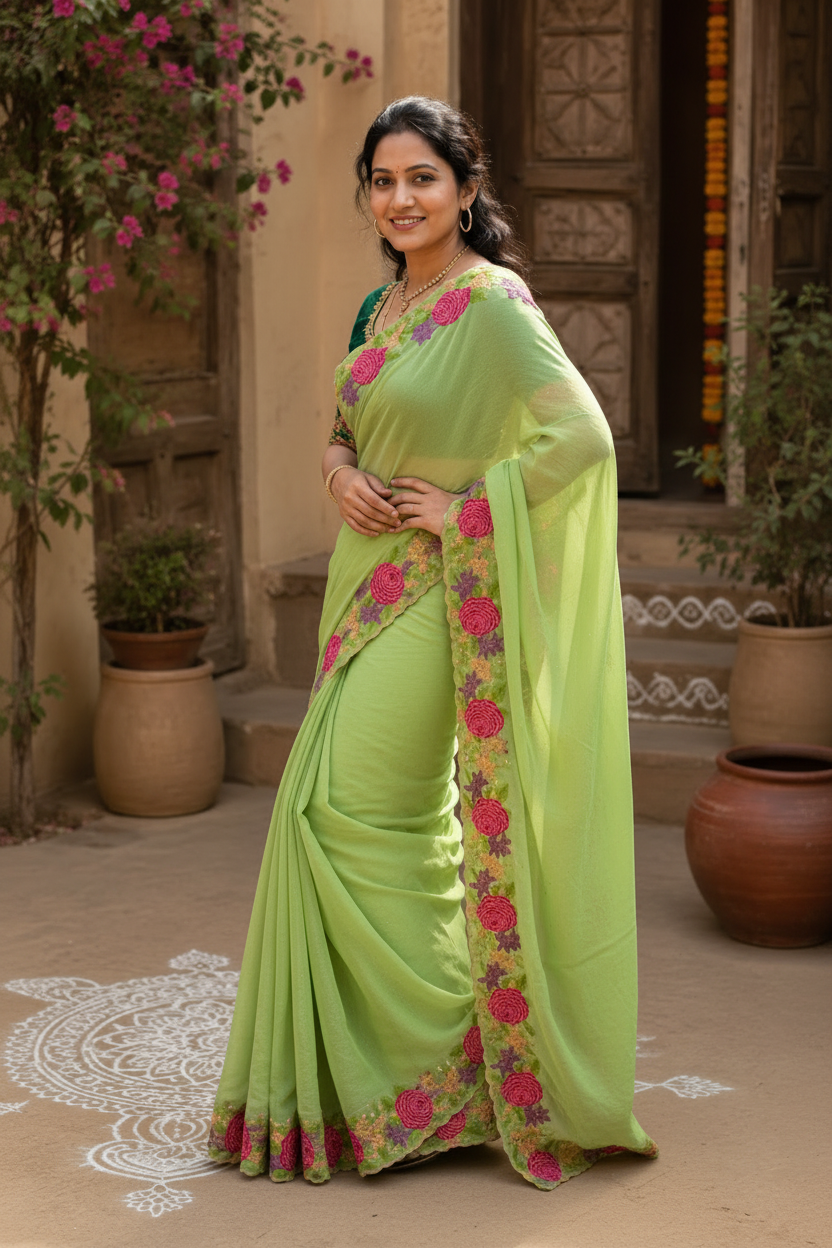 Star Georgette Heavy Work Saree With Unstitched Blouse(Green)