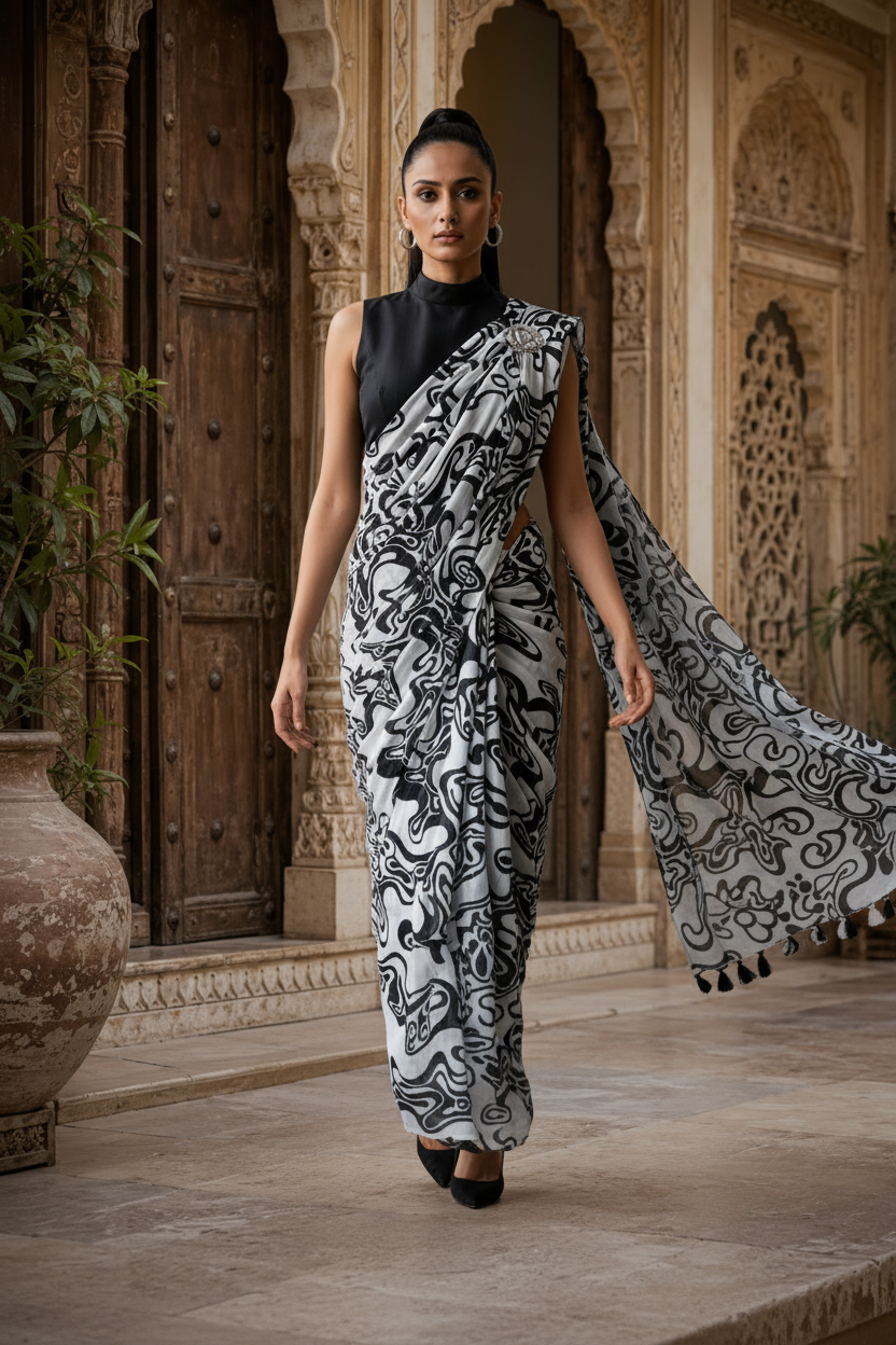 Georgette Printed Saree With Unstitched Blouse(Black)
