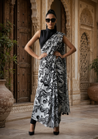Georgette Printed Saree With Unstitched Blouse(Black)
