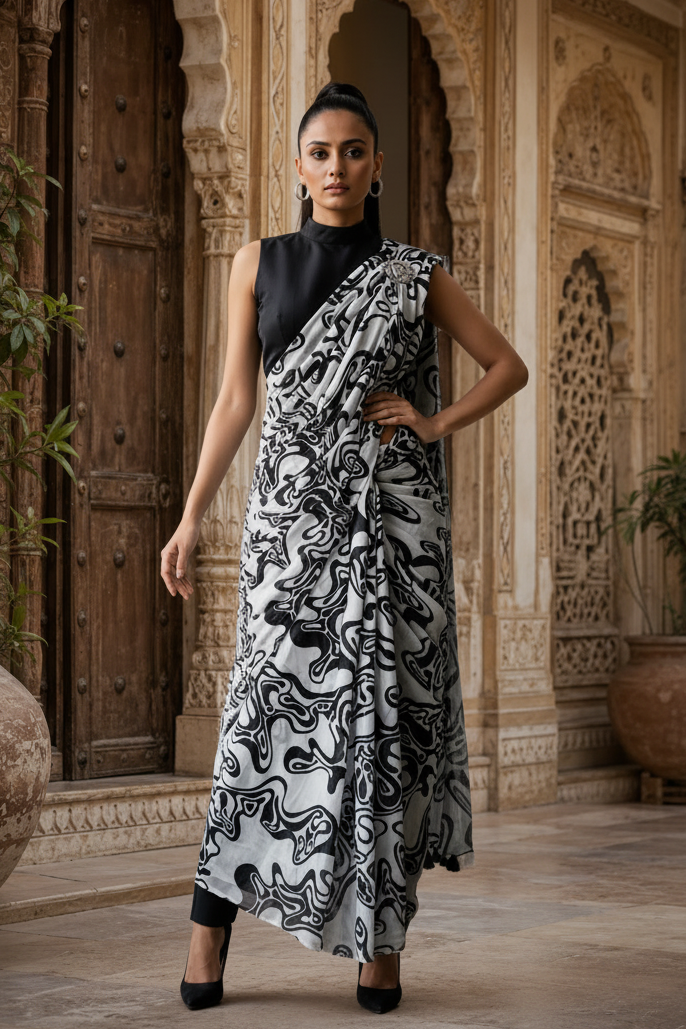 Georgette Printed Saree With Unstitched Blouse(Black)