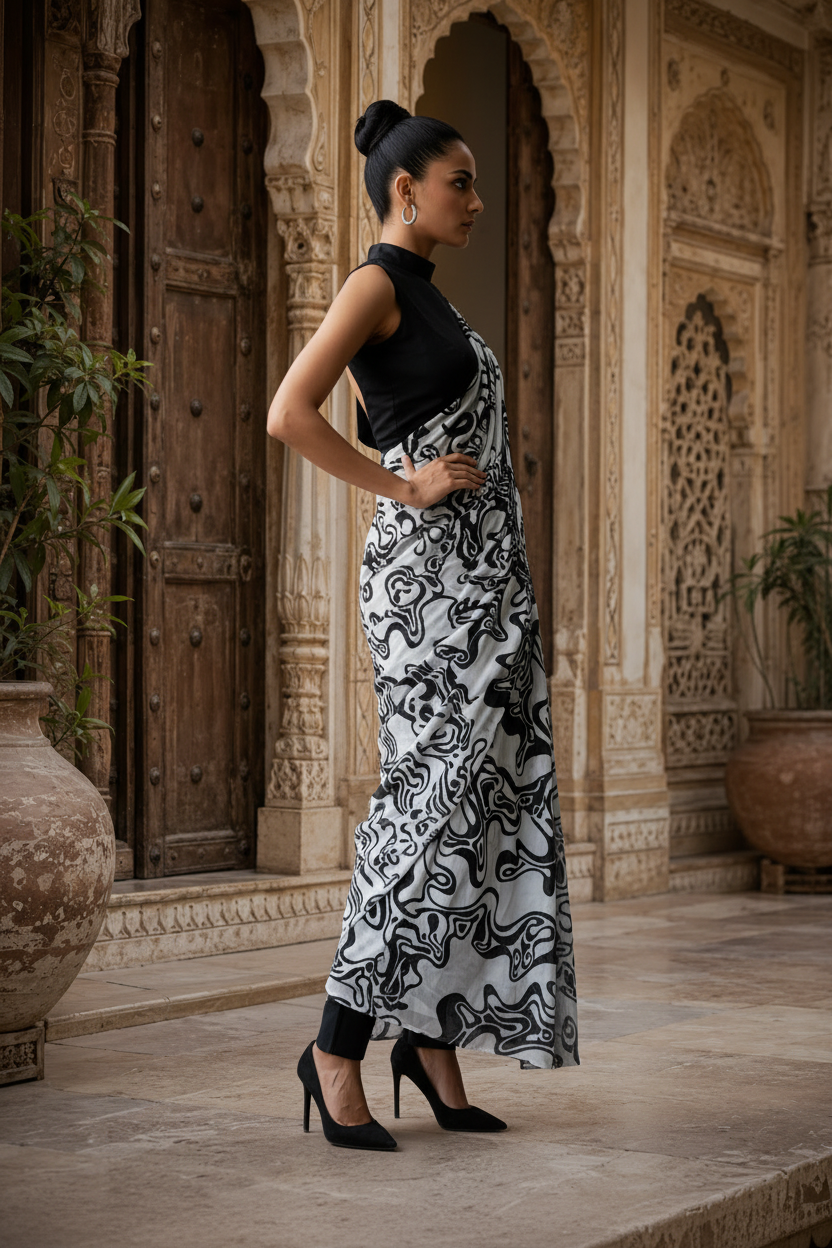 Georgette Printed Saree With Unstitched Blouse(Black)