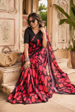 Load image into Gallery viewer, Elegant Soft Satin Georgette Saree With Unstitched Blouse(Red&amp;Black)
