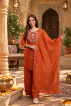 Crunch Silk Straight Kurti Palazzo Set With Dupatta(Orange)