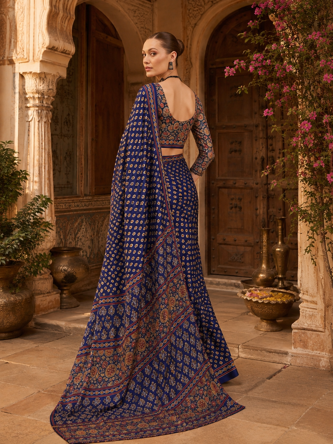 Crepe Silk Ajrakh Print Saree With Unstitched Blouse(Blue)