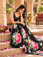 Satin Silk Floral Print Saree With Unstitched Blouse(Black)