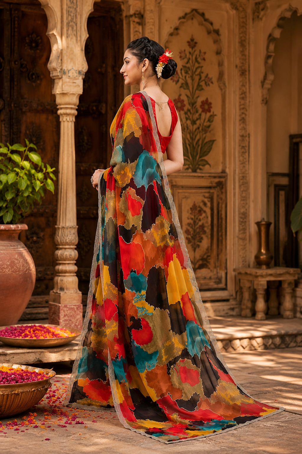 Trendy Multi-Color Abstract Print Georgette Saree with Designer Scalloped Siroshki Border & Unstitched Blouse Piece
