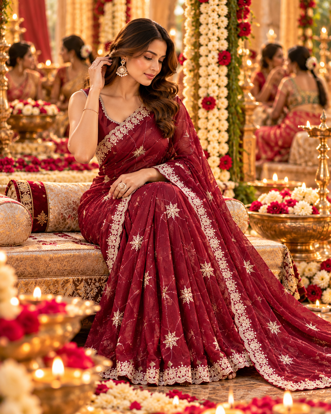 Pure Space Silk Embroidery Work Saree With Unstitched Blouse(Maroon)