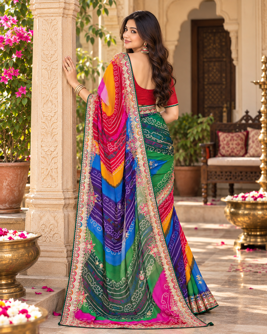 Pure Bandhani Bhej Print Gotta Patti Work Silk Saree With Unstitched Blouse(Multicolor)