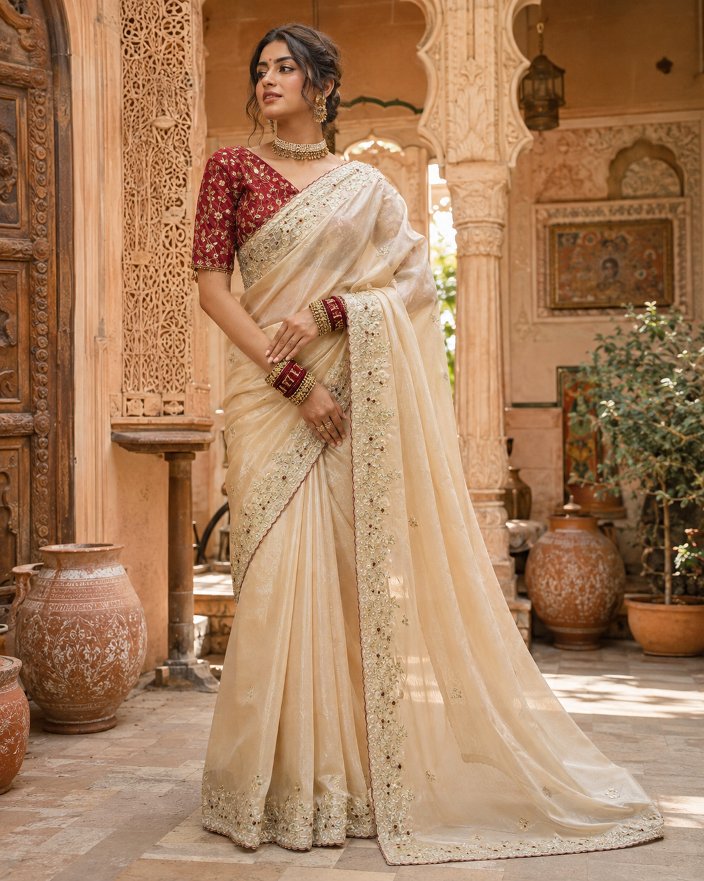 Satin Silk Sequins Thread Work Saree With Unstitched Blouse(Beige)