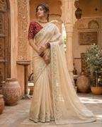 Satin Silk Sequins Thread Work Saree With Unstitched Blouse(Beige)