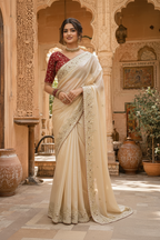 Satin Silk Sequins Thread Work Saree With Unstitched Blouse(Beige)